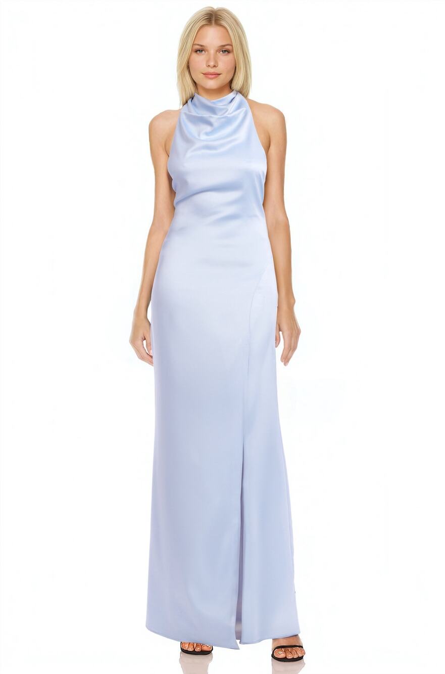 NWOT Jewel Badgley Mischka Sky Blue Satin Daley Halter Neck Gown Size 14